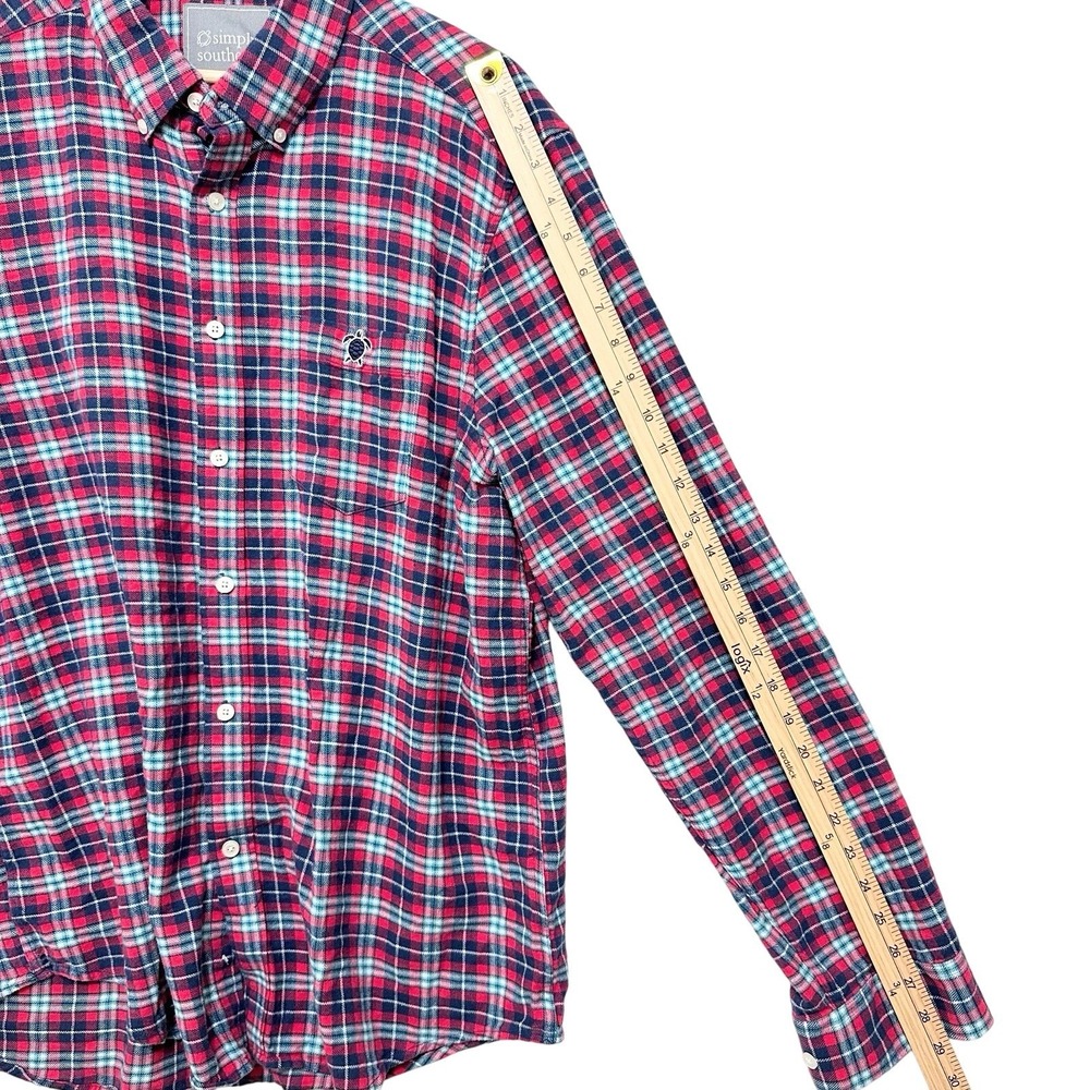 Simply Southern Men's Red Navy Plaid Flannel  Button Down‎ Shirt XL Cotton Layer - Picture 4 of 10